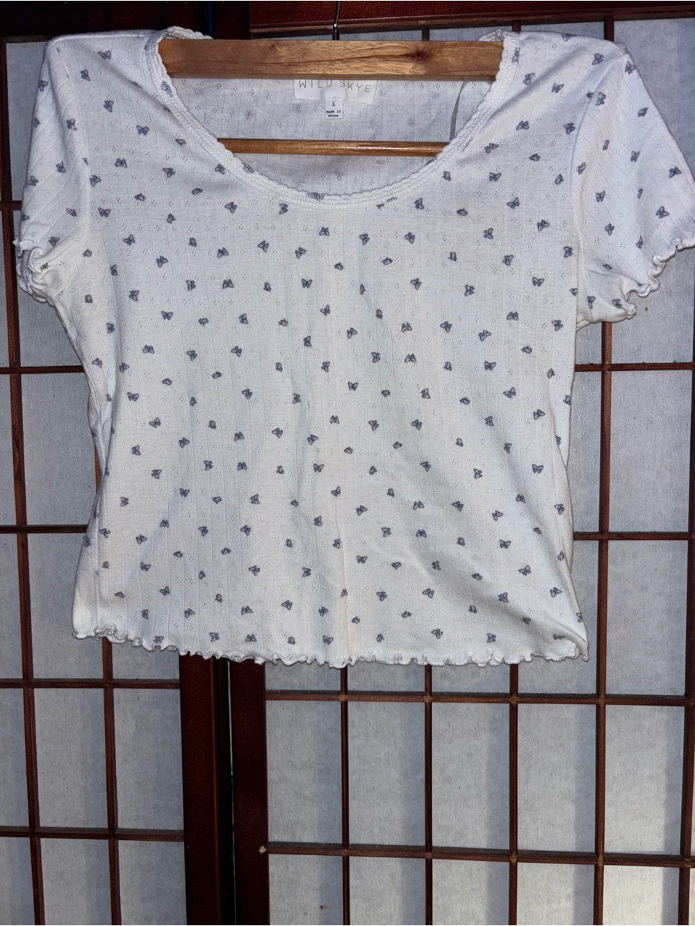 wild skye White Ribbed Tee with Tiny Purple Butterflies